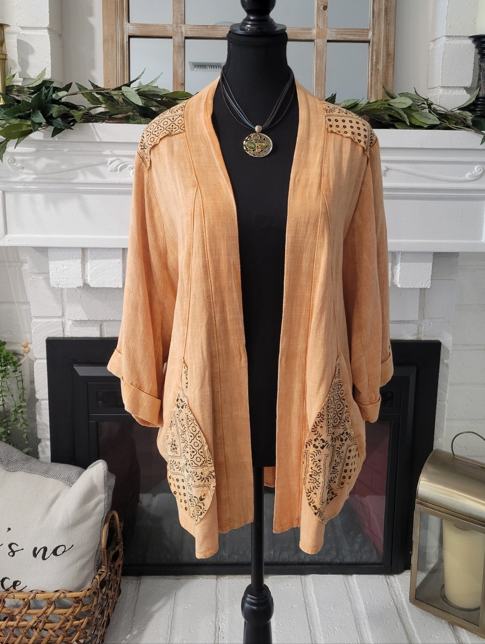 easel Peach Bandana Pacthwork Open-Front Lagenlook Kimono Size Small
